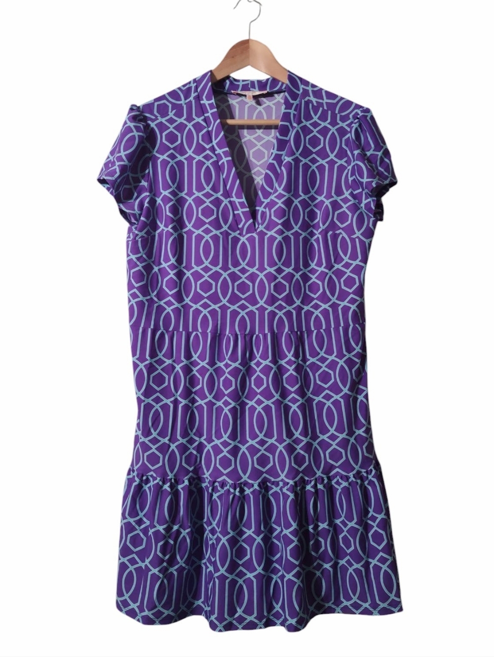 Jude Connally Ginger Purple Geometric Print Short Sleeve Tiered Peplum MiniDress